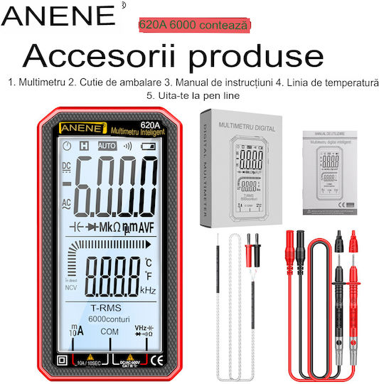 Aneng 620a True Rms Digital Multimeter Display Frequency Test Ncv 4.77 Inch Screen Temperature Sensors Diode Battery Continuity Tester Buzzer Overload Alarm Data Memory R