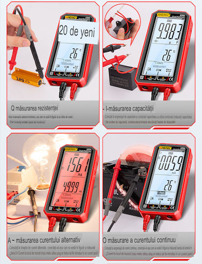 Aneng 620a True Rms Digital Multimeter Display Frequency Test Ncv 4.77 Inch Screen Temperature Sensors Diode Battery Continuity Tester Buzzer Overload Alarm Data Memory R
