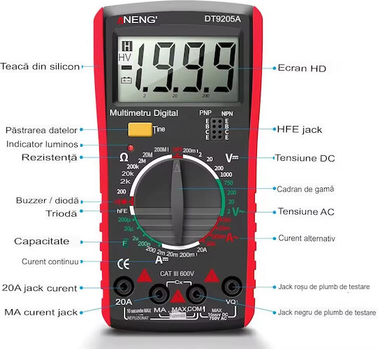 Aneng Dt9205a Digital-Multimeter LCD-Anzeige Dioden-Batterie-Kontinuitätstester Summer Überlastalarm Datenspeicher Rot