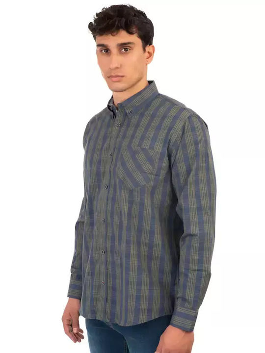 Double Long-sleeved Cotton Shirt Checked Navy Khaki