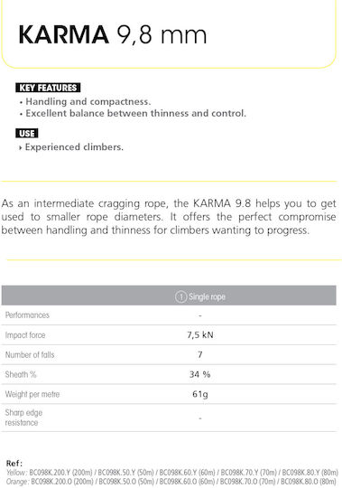 Beal Karma C098K.80.O Δυναμικό Σχοινί Ορειβασίας με Μήκος 80m Πορτοκαλί