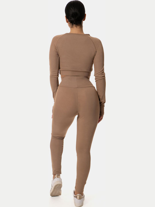 Αθλητικό Σετ Κολάν Crop Top Μακρυμάνικο Rib Μπεζ Μπεζ