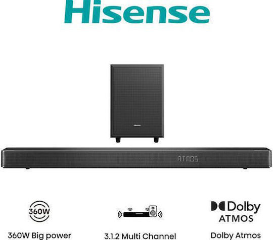 Hisense Soundbar 3.1.2 Bluetooth και HDMI 360W με Ασύρματο Subwoofer Μαύρο AX3120G