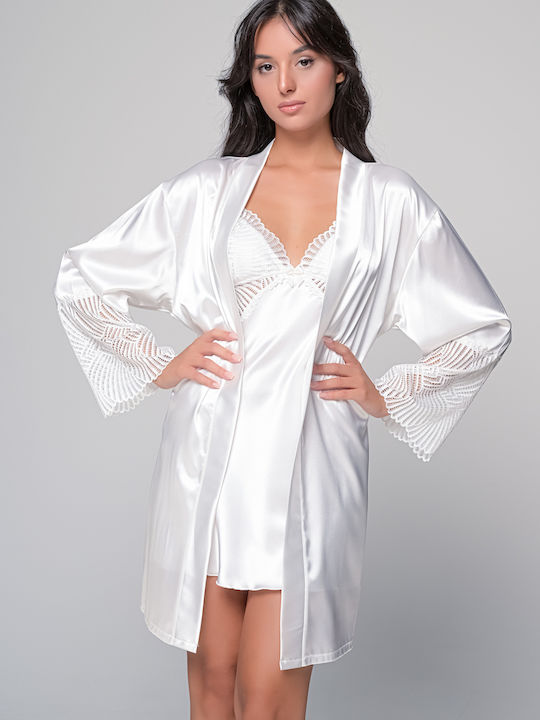 Milena by Paris Winter Satin Bridal Women's Nightdress Ιβουάρ, Λευκό