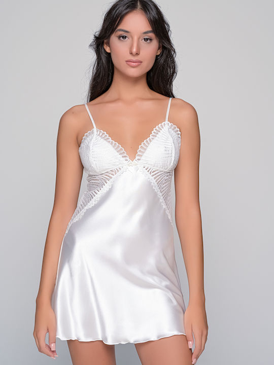 Milena by Paris Winter Satin Bridal Women's Nightdress with String Ivory, White