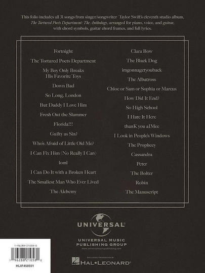Hal Leonard Taylor Swift - The Tortured Poets Department Sheet Music for Piano / Voice / Guitar