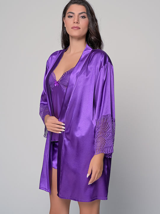 Milena by Paris Winter Women's Satin Robe with Pyjama Purple