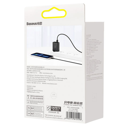 Baseus Φορτιστής Χωρίς Καλώδιο με 2 Θύρες USB-A και Θύρα USB-C 30W Power Delivery Μαύρος (Compact UK Plug)