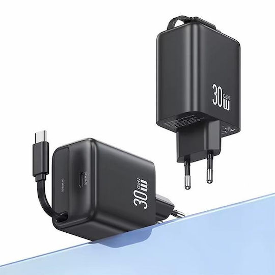 Usams Încărcător cu Cablu Integrat GaN cu Port USB-C 30W Livrarea energiei Negruς (US-CC241)