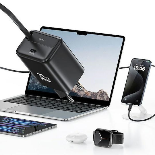 Usams Încărcător cu Cablu Integrat GaN cu Port USB-C 30W Livrarea energiei Negruς (US-CC241)