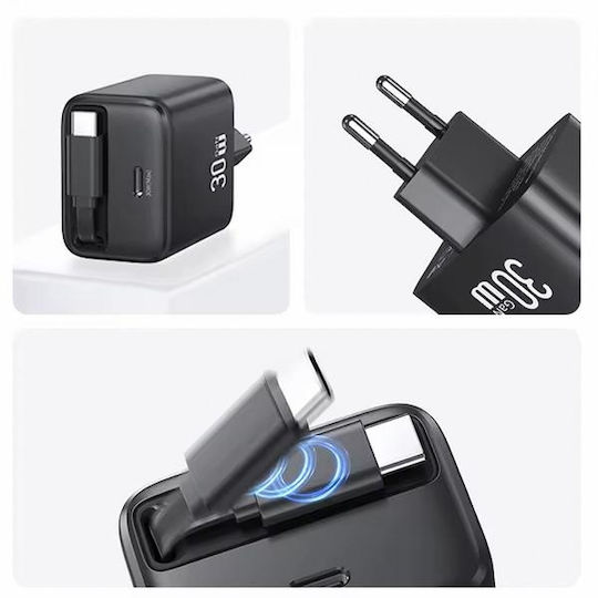 Usams Încărcător cu Cablu Integrat GaN cu Port USB-C 30W Livrarea energiei Negruς (US-CC241)