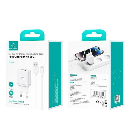 Usams Ladegerät mit 2 USB-A Anschlüsse und Kabel Blitzschlag 18W Weißs (HCXLTZ01)
