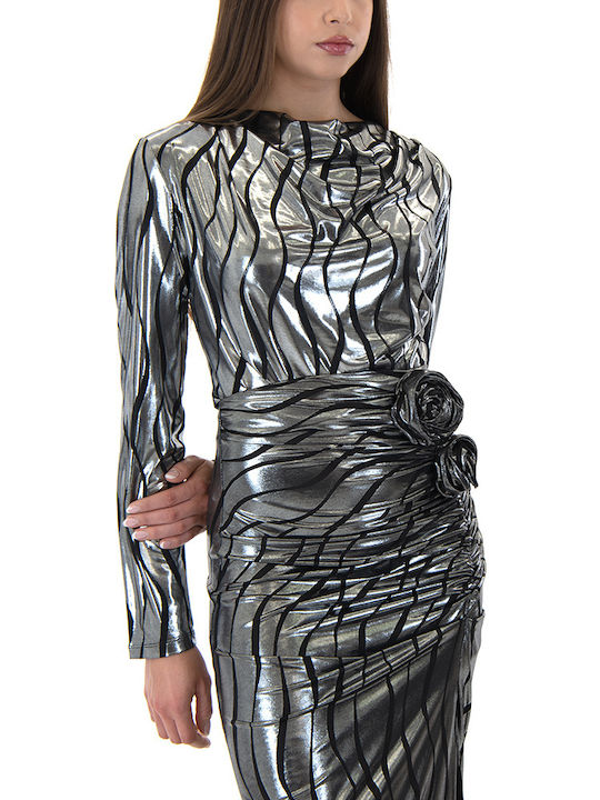 Damen Crop Top Langärmelig Silber-Schwarz 1461.688.0564-SILBER