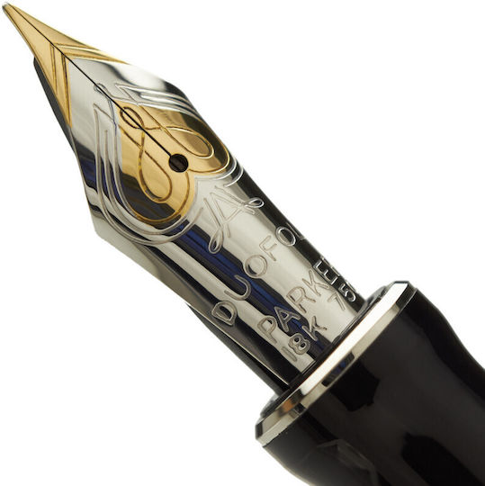 Stilou Parker Duofold Centennial Classic Negru cu Accente de Paladiu, Peniță din Aur Solid, Convertor Cerneală Neagră 1931365 3501179313665 Penițe Extra Largi 18k