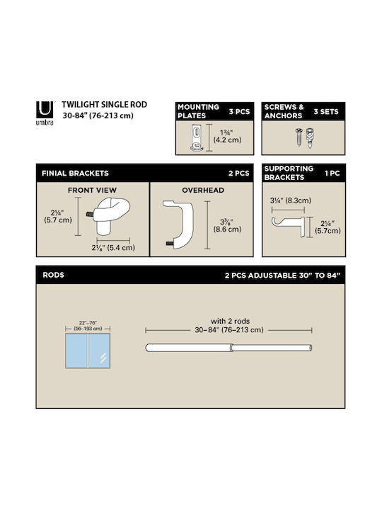 Umbra Extendable Metal Curtain Pole Twilight Single Φ19mm 76-213cm Metal