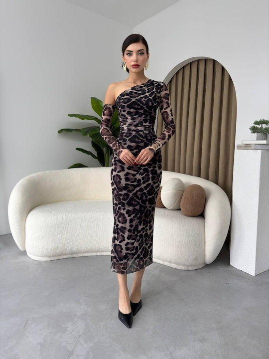 Midi Φόρεμα για Γάμο / Βάπτιση Off-Shoulder Καφέ
