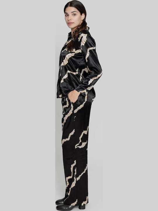 Women's High-waisted Fabric Trousers with Elastic Straight Line Black/Gold