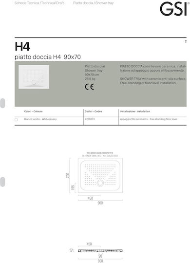 GSI Rectangulară Duș ceramic 90x70cm Albă