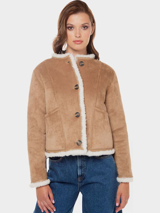 Caylin Women's Short Lifestyle Suede Jacket Double Sided for Winter Brown