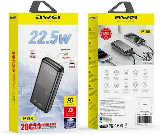 Awei P13K Power Bank 20000mAh 22.5W with 2 USB-A Ports and USB-C Port Black