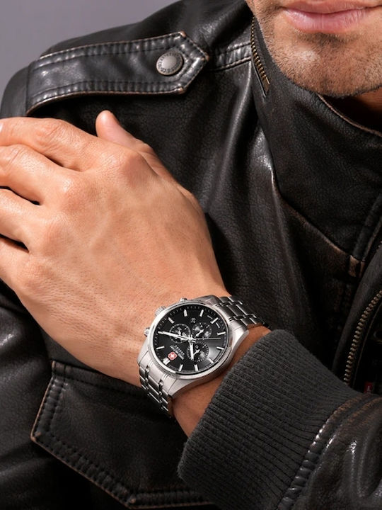 Swiss Alpine Military by Grovana Ανδρικό Ρολόι 43mm Χρονογράφος Μπαταρίας με Ασημί Μεταλλικό Μπρασελέ
