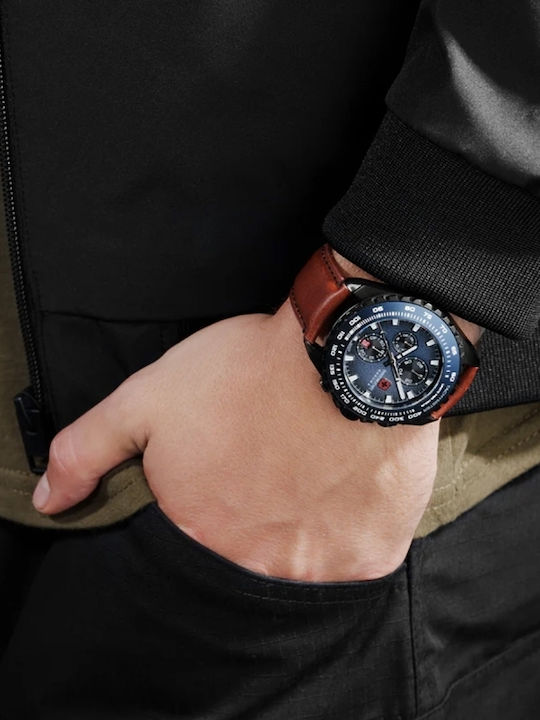 Swiss Alpine Military by Grovana Men's Watch 43mm Chronograph Battery with Brown Leather Strap