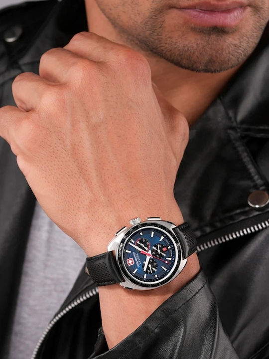 Swiss Alpine Military by Grovana Ανδρικό Ρολόι 41mm Χρονογράφος Μπαταρίας με Μαύρο Δερμάτινο Λουράκι