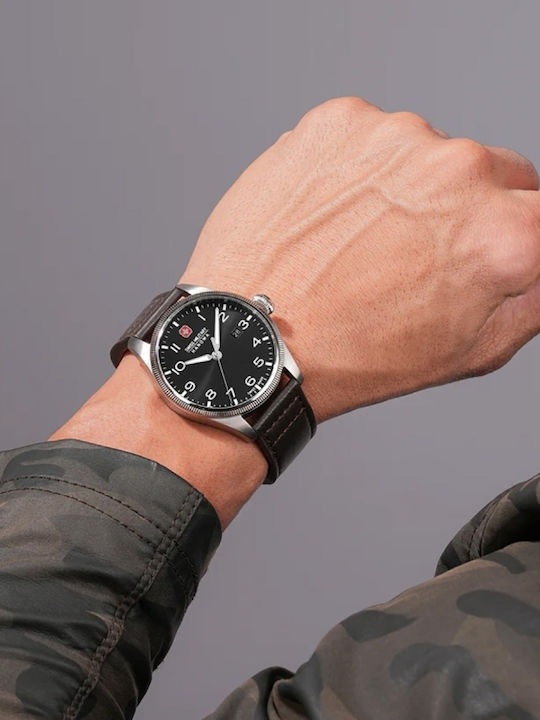 Swiss Alpine Military by Grovana Ανδρικό Ρολόι 43mm Μπαταρίας με Μαύρο Δερμάτινο Λουράκι