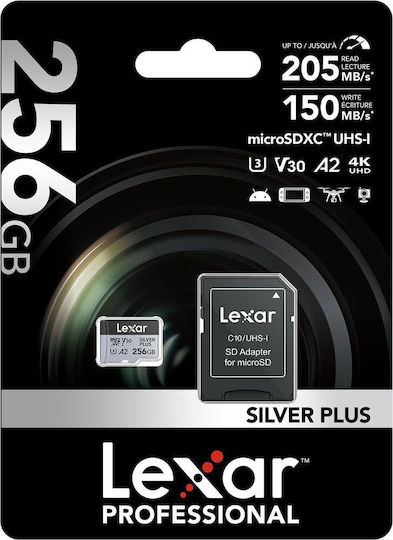 Lexar Plus microSDXC 256GB U3 V30 A2 UHS-I 205MB/s με αντάπτορα