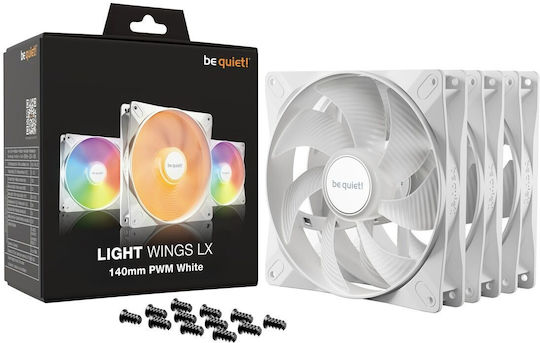 Be Quiet Light Wings LX Case Fan 140mm (1200rpm / 56cfm) with ARGB Lighting and 3-Pin / 4-Pin PWM Connection 3pcs White
