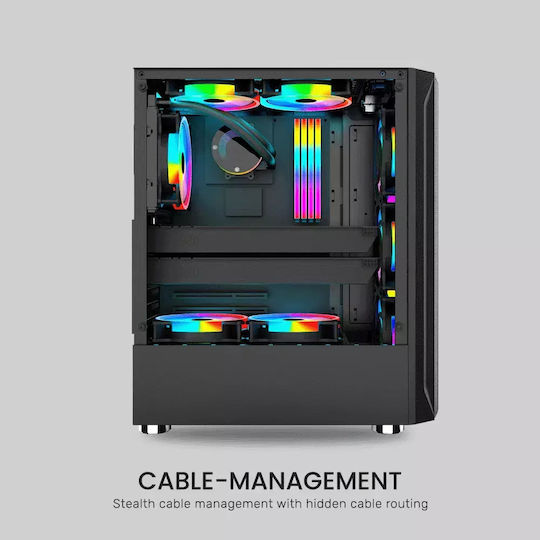 Armaggeddon Tritron 2 Геймърско бюро Midi Tower Компютърна кутия със страничен прозорец и RGB осветление Черен