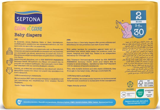 Septona Πάνες με Αυτοκόλλητο Calm & Care No. 2 για 3-6kg 30τμχ