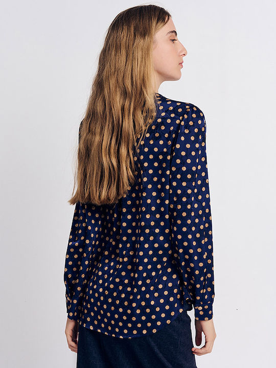 Forel Langärmelig Damen Satin,σατεν Hemd Blue Polka Dot