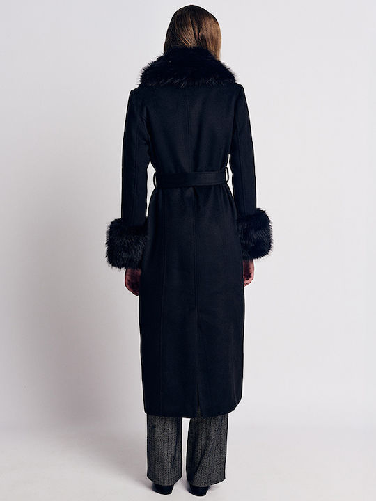 Forel Women's Wool Long Coat with Buttons and Fur black