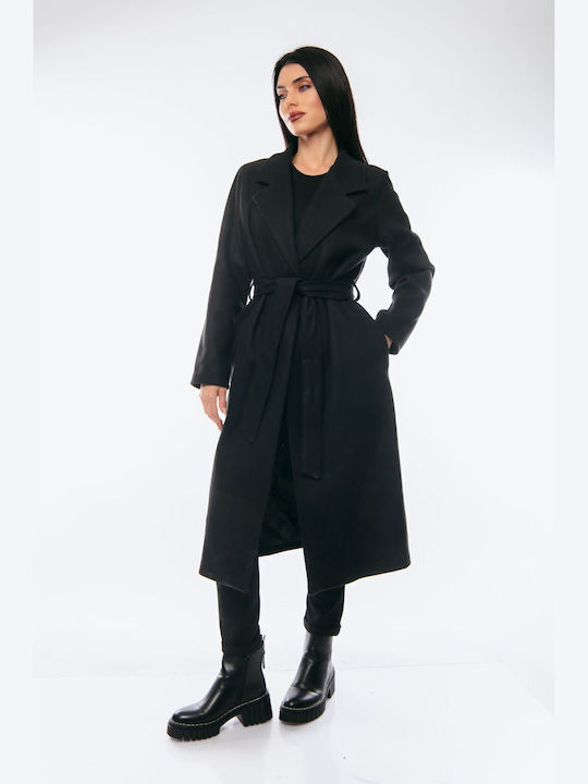 Damen black Mantel mit Gürtel