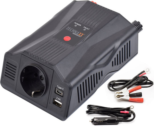 Inversor de tensiune Technaxx Te24 300W 12V intrare 230V ieșire USB-A USB-C negru