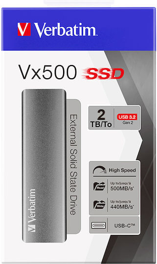 Verbatim Vx500 USB 3.1 / USB-C / USB 3.2 / USB 3.0 External M.2 SSD 2TB Silver
