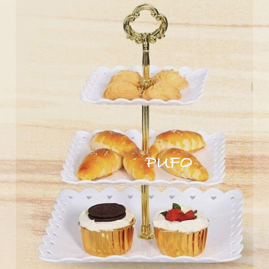 Quadratischer 3-stöckiger Obstständer Pufo Süßigkeiten Kuchen Gebäck Früchte Vorspeisen 34 x 24 cm Weiß