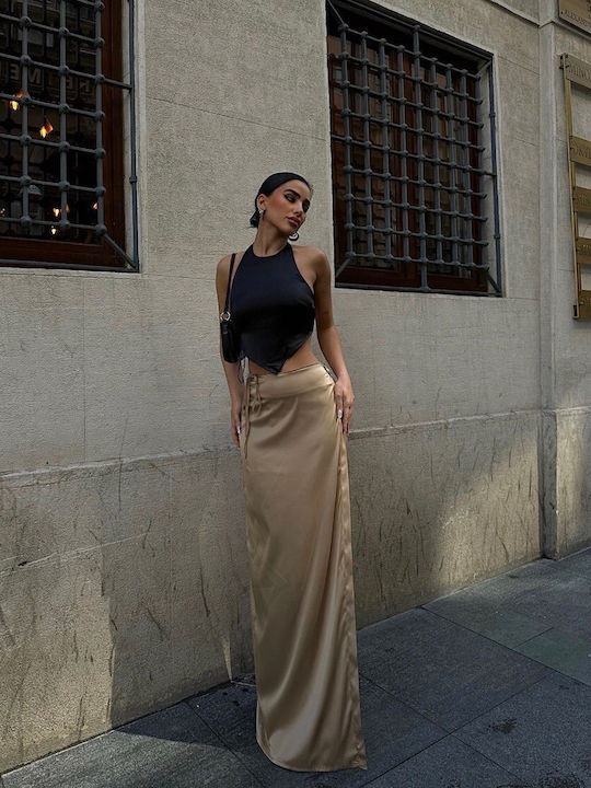 Satin,σατεν Maxi Rock Camel