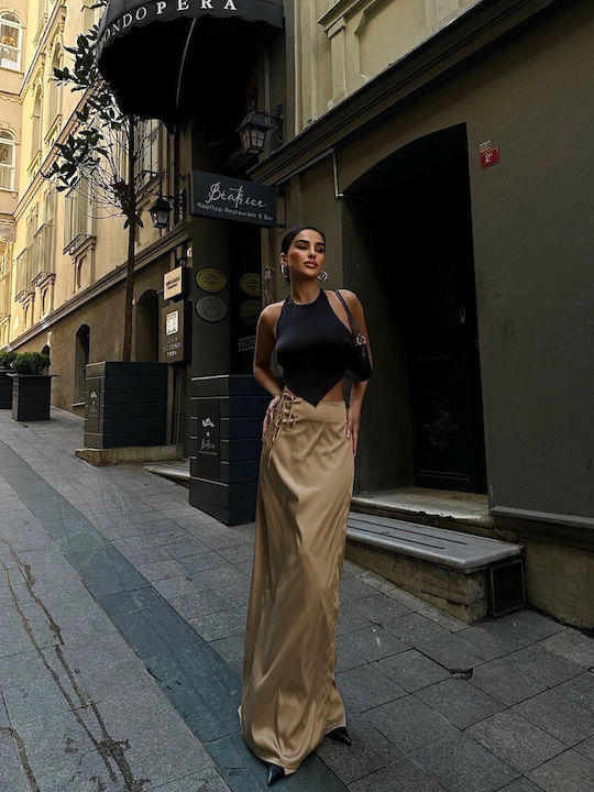 Satin,σατεν Maxi Rock Camel