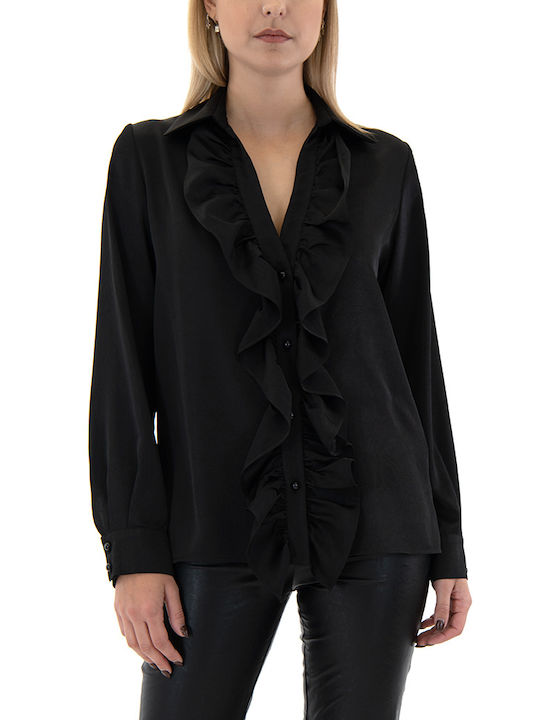 C. Manolo Women's Silky Long Sleeve Shirt Black (Black)