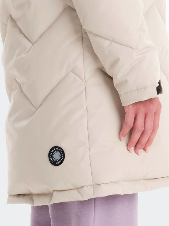 Women's Long Puffer Jacket Waterproof and Windproof for Winter with Hood Ecru