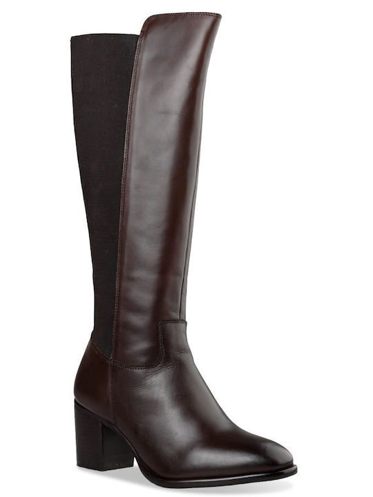 High Leather Medium Heel Riding Boots Brown