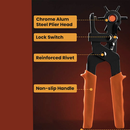 Pufo Rotating Hole Punch Pliers 6 Heads Punching Belts Orange Black