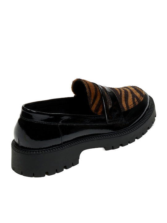 Lackleder Damen Loafers Μαύρο-ζεβρα