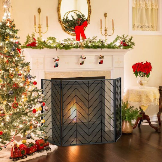 Costway Metallic Fireplace Screen with Panels 133x78cm Black