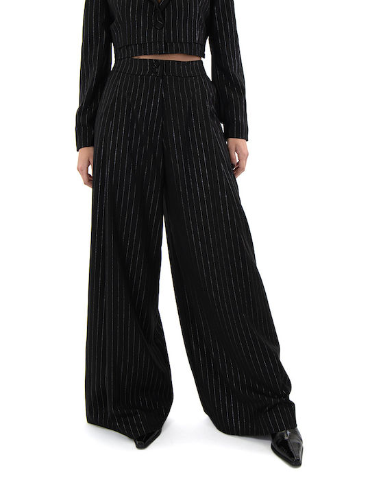 Zoya Women's High-waisted Fabric Trousers in Wide Line Striped Black