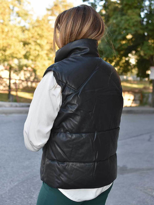 Κοντό Γυναικείο Αμάνικο Μπουφάν για Χειμώνα Μαύρο
