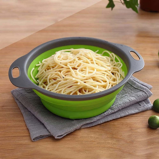 Set 2 Foldable Food-grade Silicone Colanders Flippy Handles Non-stick Non-slip Bottom Round Two Sizes Easy To Store Dishwasher Safe Green