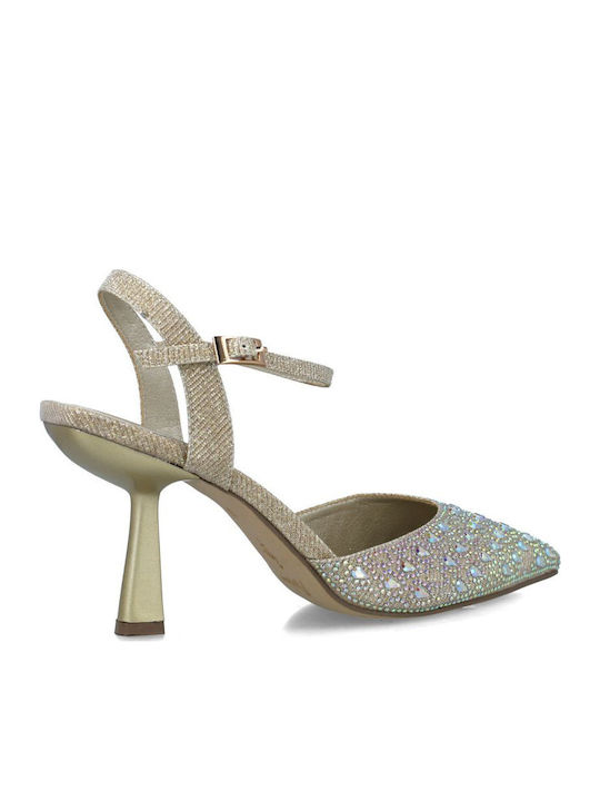 Synthetic Leather Gold High Heels with Strap